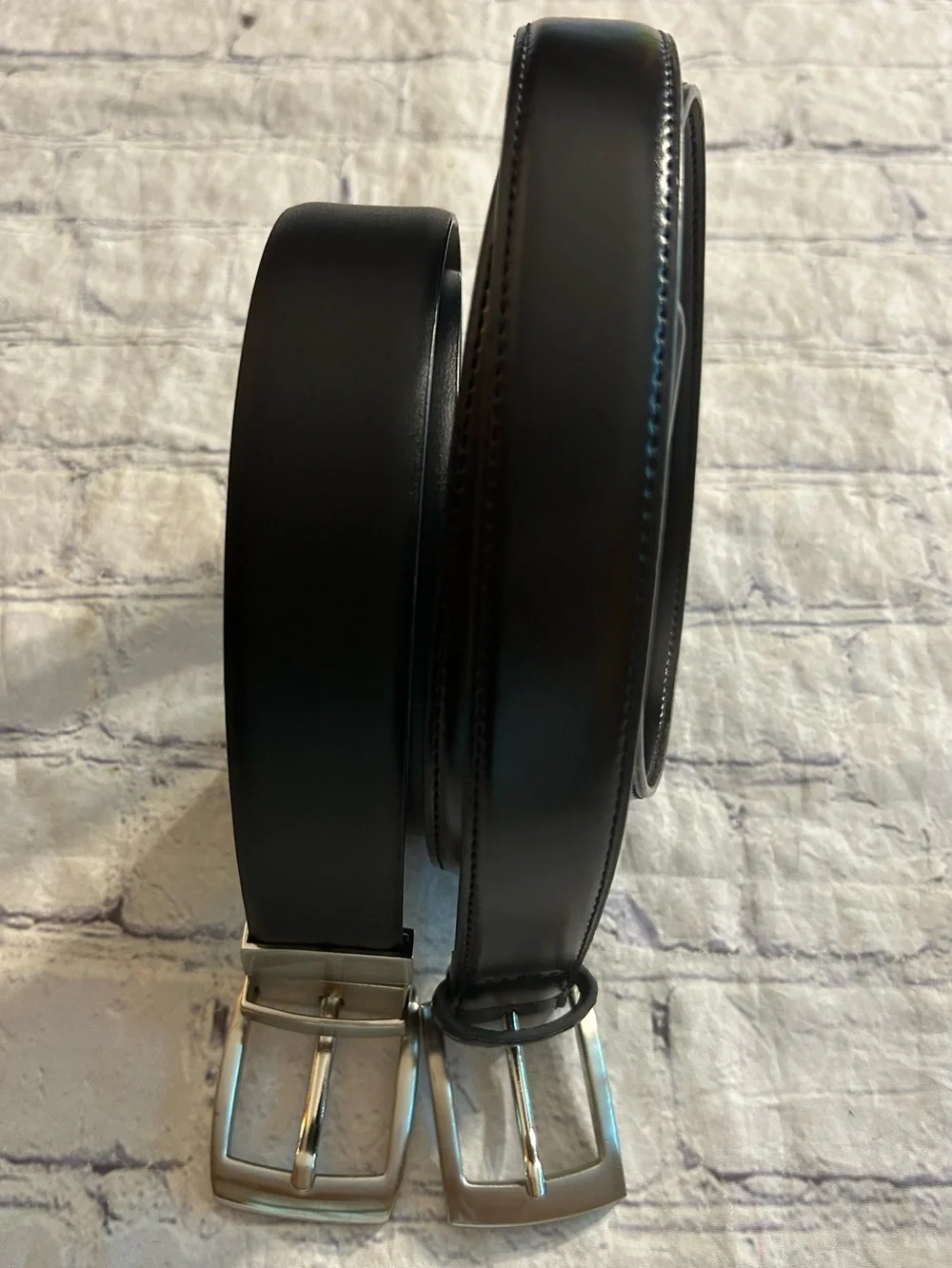 SPORTOLI BLACK LEATHER SILVER TONE BUCKLE 40 & REVERSIBLE LEATHER BROWN/BLACK 40